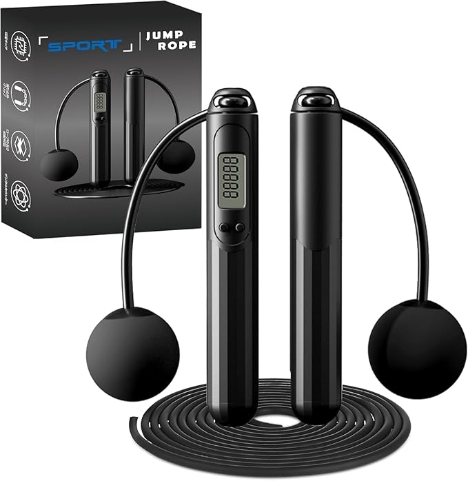 2-in-1 Weighted Jump Rope with Counter - Corded & Cordless Skipping Rope with LCD Display, Adjustable Length Steel Ball Bearings Jumping Rope for Adults Fitness, Home Gym Workout