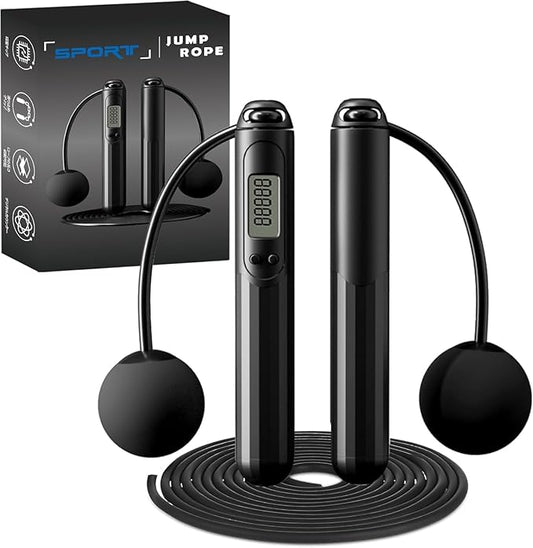 2-in-1 Weighted Jump Rope with Counter - Corded & Cordless Skipping Rope with LCD Display, Adjustable Length Steel Ball Bearings Jumping Rope for Adults Fitness, Home Gym Workout