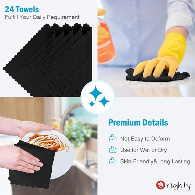 Orighty Cleaning Cloths 12x12 inch, Pack of 24, Highly Absorbent Microfiber Cleaning Supplies, Lint Free Cloths for Multiple-use, Powerful Cleaning Rags for House, Kitchen, Car Care (Black)
