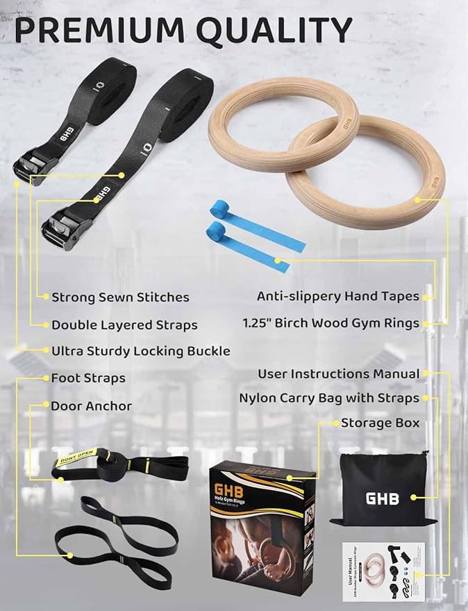 GHB Gymnastic Rings Wooden Gym Rings 1.25" Olympic Rings Adjustable Straps Pull Up Rings Sets for Workout Bodyweight Fitness Training