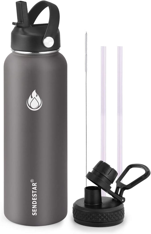 SENDESTAR Stainless Steel Water Bottle, Wide Mouth 32 oz Water Bottle with Straw Lid, Spout Lid, Double Wall Vacuum Insulated Leak Proof, Keeps Liquids Hot or Cold (Gray)