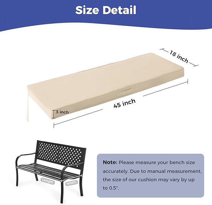 Outdoor Bench Cushions for Outdoor Furniture, 45x18x3 Inch, Waterproof Bench Pillow, Fade Resistant Long Bench Seat Pads for Garden, Indoor, Porch Swing, Beige