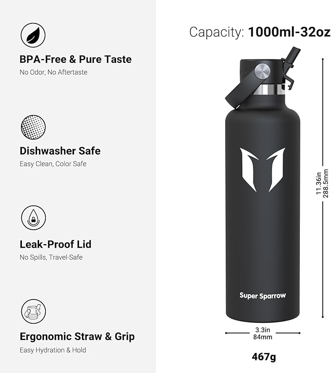 Super Sparrow Insulated Water Bottle - 17 Oz / 25 Oz / 32 Oz - Standard Mouth FlipFlow Flask - BPA Free, Leak Proof Drink Bottle- Ergonomic Straw Water Bottles for Work, Gym, Travel, Sports