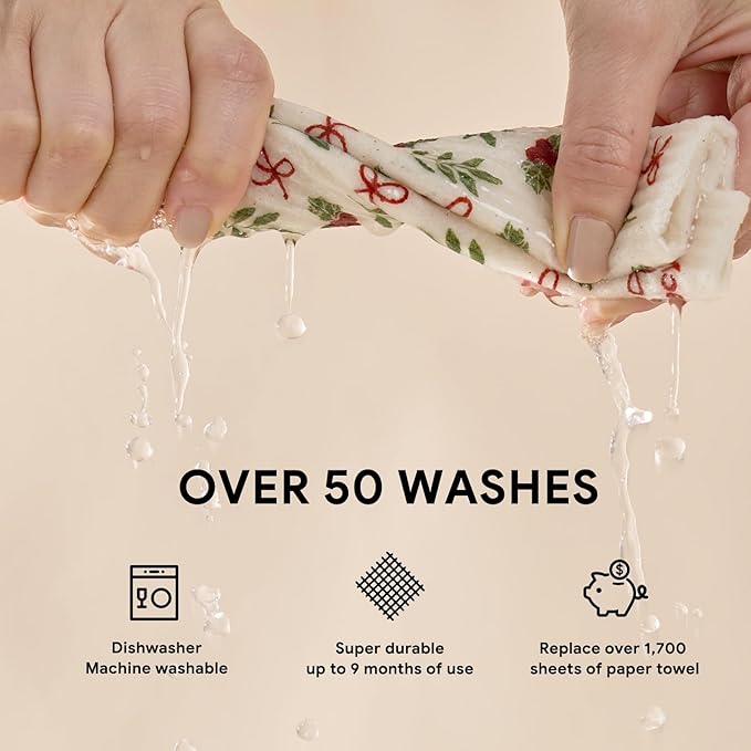 RECYCO 4 Pack Christmas Swedish Dishcloths for Kitchen | Jolly Holiday Washable Dish Towels | Cellulose Reusable Cleaning Paper Towels | Absorbent Counter Dish Cloth Sponge Kitchen Wipes, 7" x 8"