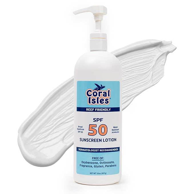Coral Isles Sunscreen SPF 50 | Hawaii Compliant | Octinoxate & Oxybenzone Free | Broad Spectrum UVA/UVB Protection | Water Resistant 80 Min. | Fragrance Free | 32 Fl Oz Quart w/Pump
