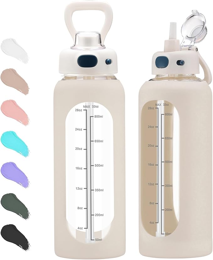SIEROZUR 32 Glass Water Bottle with Straw and Handle Motivational Water Bottles with Silicone Sleeve and Time Marker Leakproof Borosilicate Water Bottle for Gym Home Office