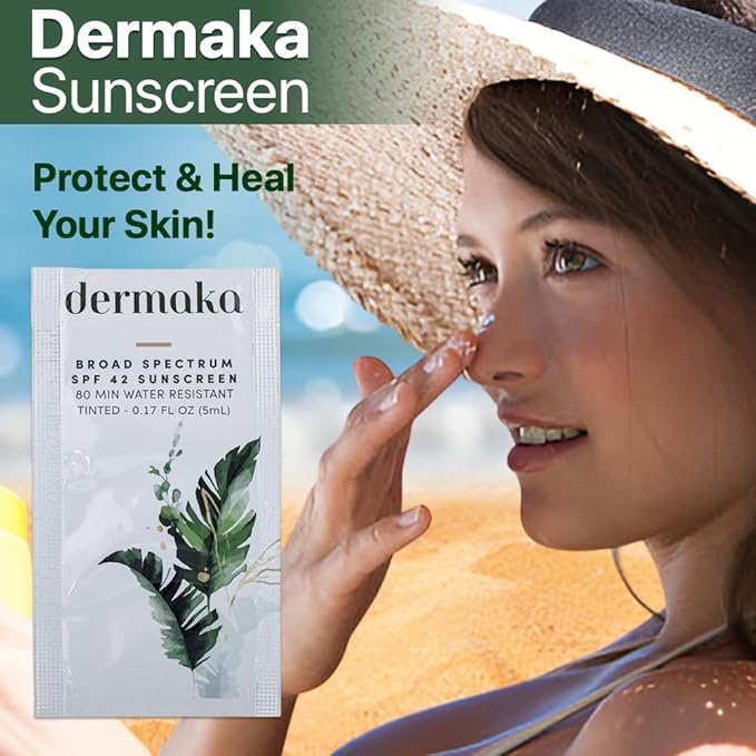Dermaka Tinted Sunscreen SPF 42 for Face & Body – 2-in-1 Lightly Tinted Mineral Sunscreen with Zinc Oxide & Titanium Dioxide – Skin Soothing, Water-Resistant 80 Min, 5ml 25 sachets