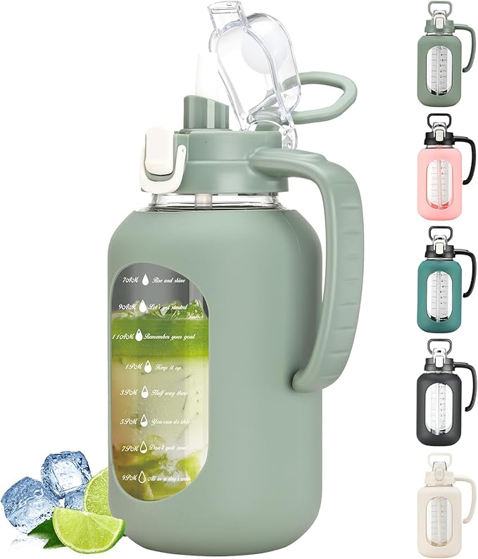64 oz Glass Water Bottle with Straw and Handle Half Gallon Water Jug with Silicone Sleeve Large Water Bottle for Office, Gym, Outdoor Sports