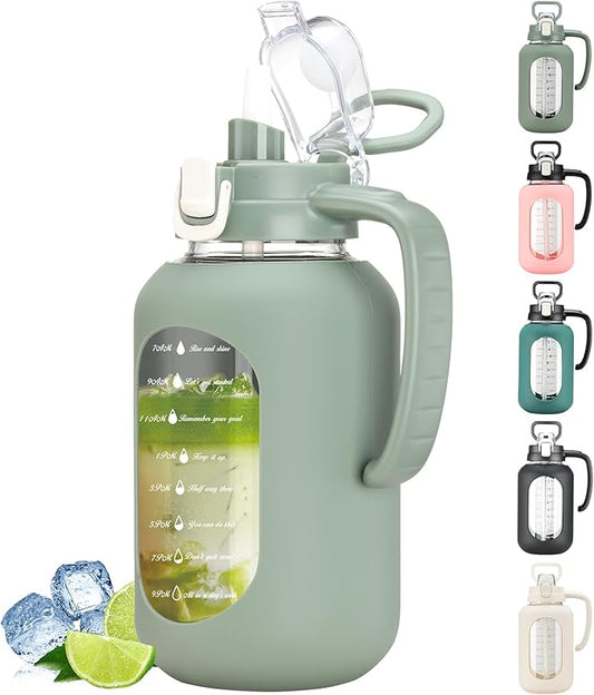 64 oz Glass Water Bottle with Straw and Handle Half Gallon Water Jug with Silicone Sleeve Large Water Bottle for Office, Gym, Outdoor Sports