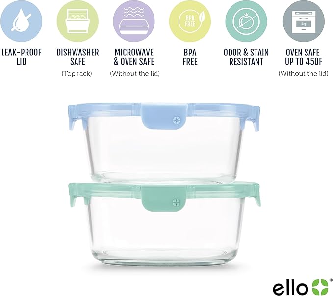 Ello Color Lock 7 Cup 4PC, 2 Pack Glass Meal Prep Sets Leak-Proof Glass Food Storage Containers with Airtight BPA-Free Plastic Lids, Dishwasher, Microwave, and Freezer Safe, Purple Rain