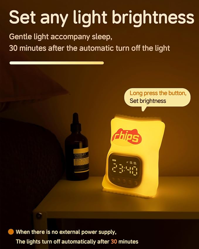 Chips Alarm Clock with Night Light for Kids, Cute Toddler Alarm Clocks for Bedrooms Ok to Wake Clocks for Girls and Boys, Rechargeable Silicone Animal Tabletop Lamp for Kid
