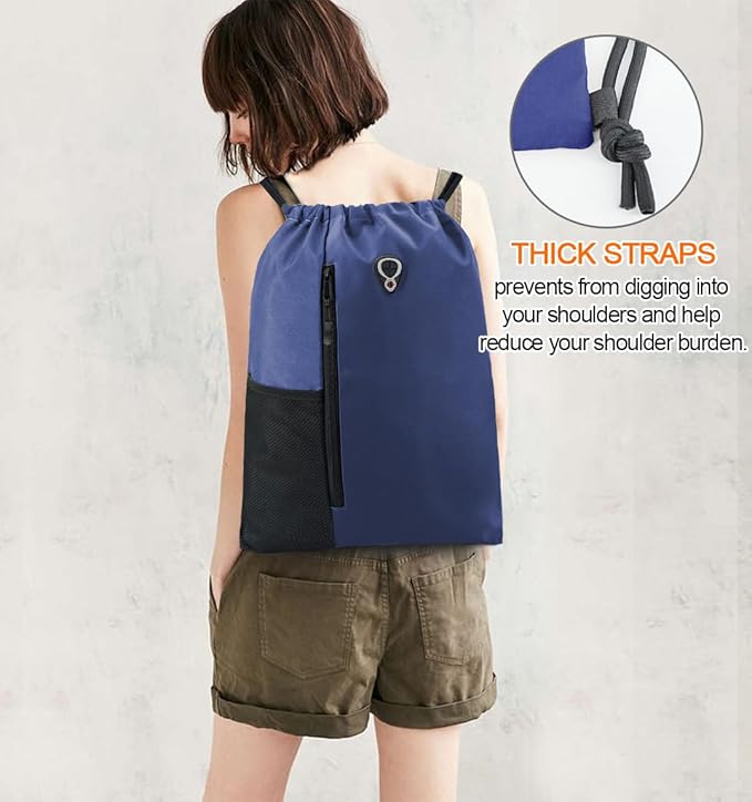 BeeGreen Navy Drawstring Backpack Gym Bag For Men & Women – Sports Sackpack with Mesh Water Bottle Holder & 2 Zippered Pockets – Large 16x20 Inch Cinch String Backpack Workout Bag for Running, Travel