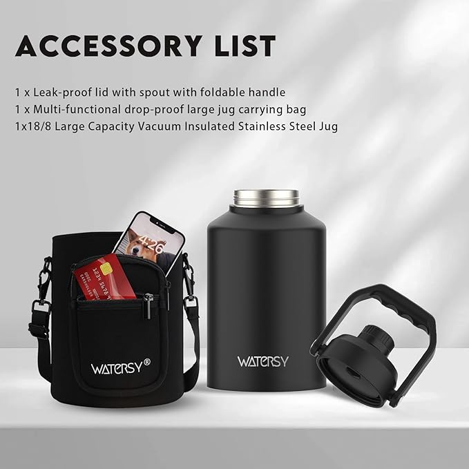 1 Gallon Water Bottle Insulated(Cold for 48 Hrs),BPA Free&Leak Proof,128oz Stainless Steel Water Jug with Handle for Gym,Hiking,Camping&Travel,Black Large Thermo