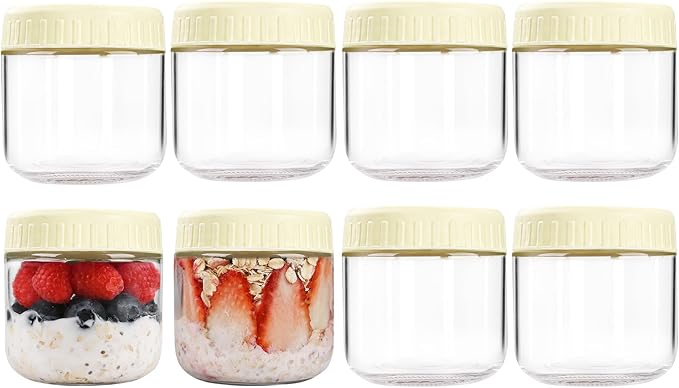 Overnight Oats Containers with Lids, 10oz Glass Jars with Lids 8 pcs, Milk White, Wide Mouth Mason jars for Salad, Yogurt, Snacks, Meal Prep