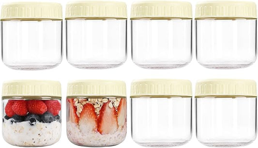 Overnight Oats Containers with Lids, 10oz Glass Jars with Lids 8 pcs, Milk White, Wide Mouth Mason jars for Salad, Yogurt, Snacks, Meal Prep