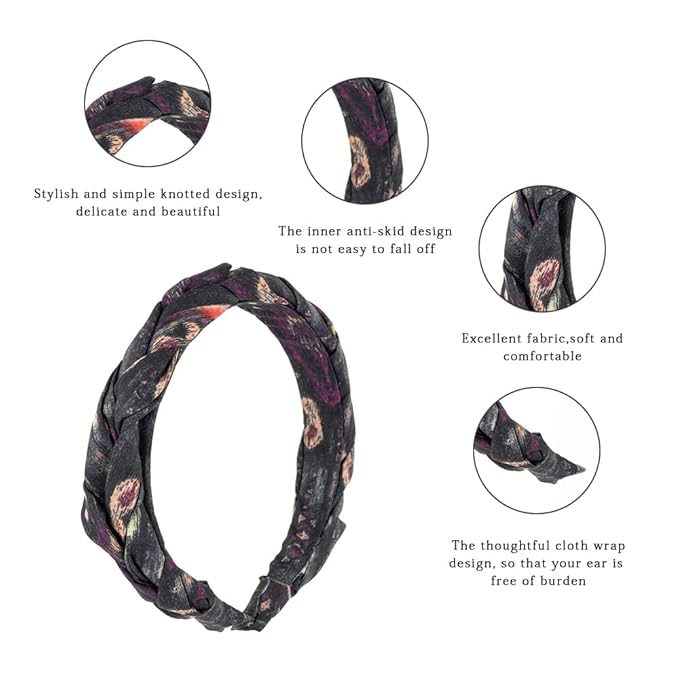 Madison Tyler Boho Headbands - Top Knot With Rhinestones, Non Slip for Outdoor & Party (Purple & Black)