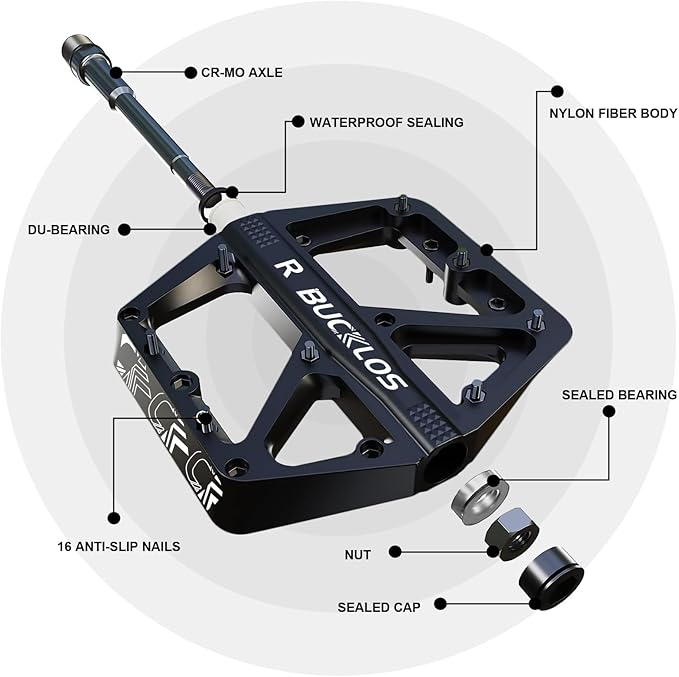 BUCKLOS Mountain Bike Pedals MTB Pedals Flat, Adult Bicycle Road Bike Large Platform Nylon Non-Slip Pedal for Gravel Bike/Hybrid Bike 9/16"