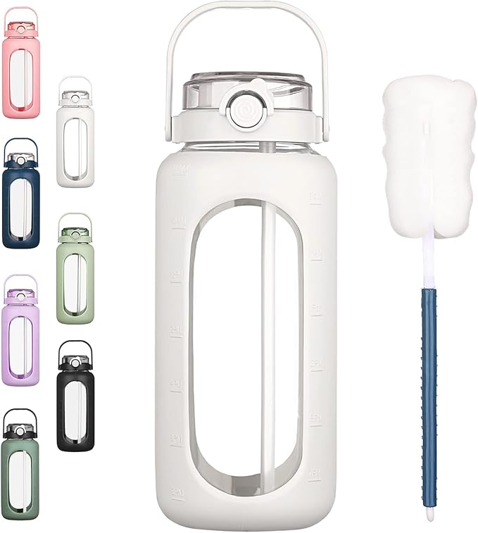 BLUEGO 64oz Glass Water Bottles with Straw Time Marker Half Gallon Large Motivational Water Bottle with Silicone Sleeve 2 Liter Large Glass Water Jug for Gym, Sports& Workout, Daily, White