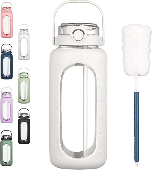 BLUEGO 64oz Glass Water Bottles with Straw Time Marker Half Gallon Large Motivational Water Bottle with Silicone Sleeve 2 Liter Large Glass Water Jug for Gym, Sports& Workout, Daily, White