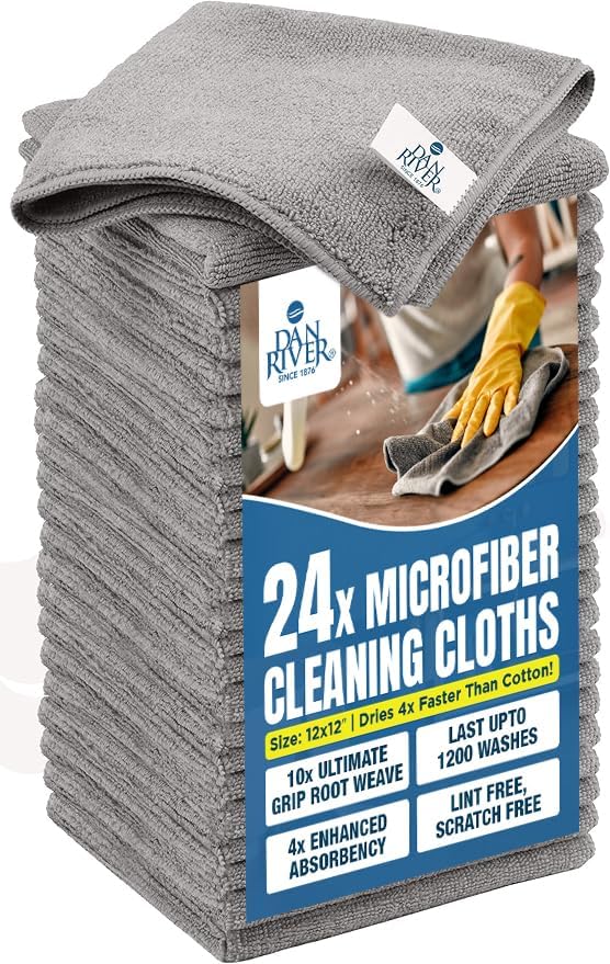 DAN RIVER 24-Pack Gray Microfiber Towels – Ultra Absorbent, Lint-Free & Streak-Free Cleaning Cloths for House, Car & Kitchen - Must-Have Cleaning Essentials - 12" x 12"