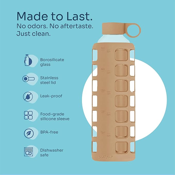 purifyou 40oz / 32oz / 22oz / 12oz Borosilicate Glass Water Bottle with Time & Volume Markers, Silicone Sleeve, Stainless Steel Lid | Reusable Glass Bottle for Water & Juice (32oz Iced Coffee)