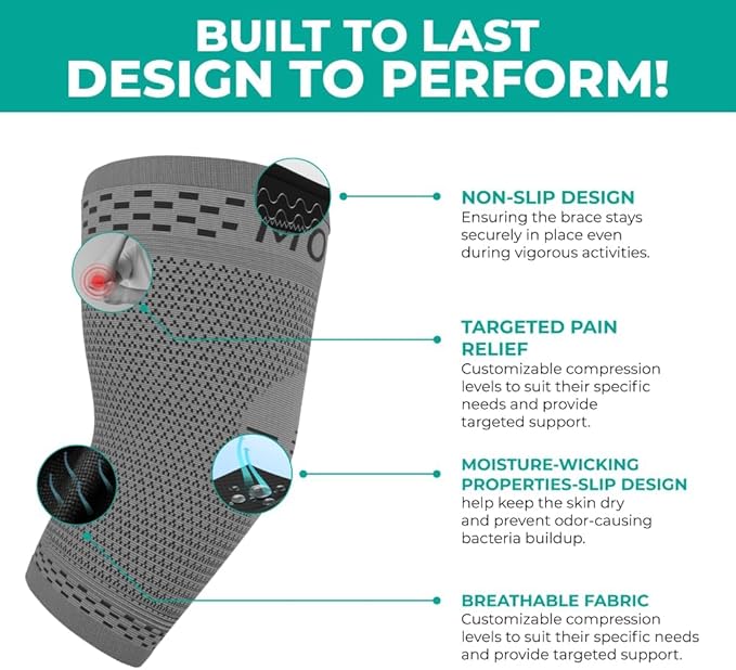 Modvel 2 Pack Elbow Brace - Golfer's Elbow Compression Sleeve Support for Joint Pain Relief, Recovery, Tendonitis Braces, Tennis Elbows Brace For Men & Women, Workout & Weightlifting Arm Wrap, Gray