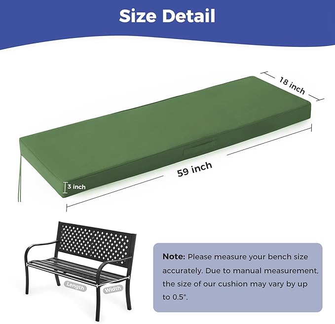 Outdoor Bench Cushions for Outdoor Furniture, 59x18x3 Inch, Waterproof Bench Pillow, Fade Resistant Long Bench Seat Pads for Garden, Indoor, Porch Swing, Army Green