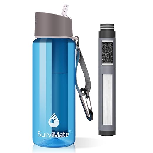 Survimate 5-Stage 0.01μm Ultra-Filtration Filtered Water Bottle, BPA-Free Material, NSF/ANSI 42&372 Certified, Portable Water Filter Bottle for Survival, Camping, Hiking, and Emergency Use