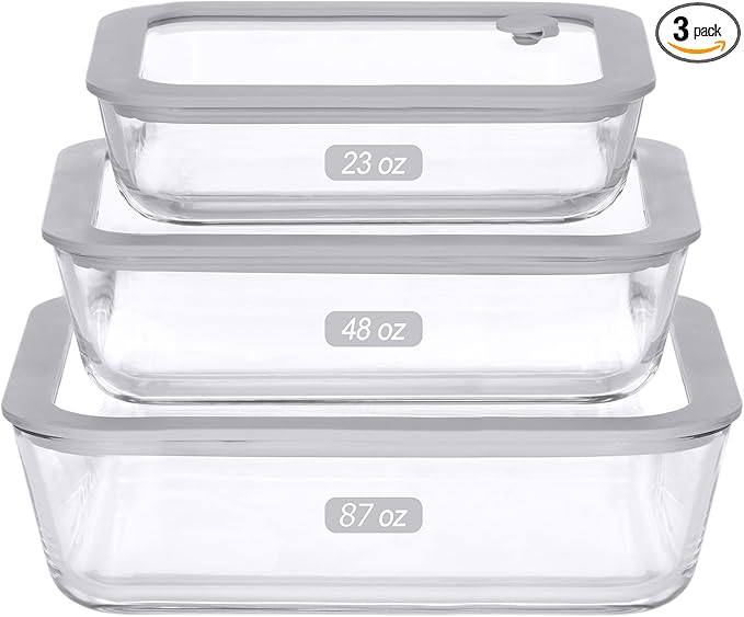 Glass Food Containers with Glass Lid, Microwave Safe Food Storage Container Set, 3 Pack of Large Size, Food Storage Containers with Lids, Meal Prep containers with Leak Proof Lid.