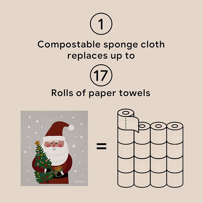 RECYCO 4 Pack Christmas Swedish Dishcloths for Kitchen | Classic Red Washable Dish Towels | Cellulose Reusable Cleaning Paper Towels | Absorbent Counter Dish Cloth Sponge Kitchen Wipes, 7" x 8"