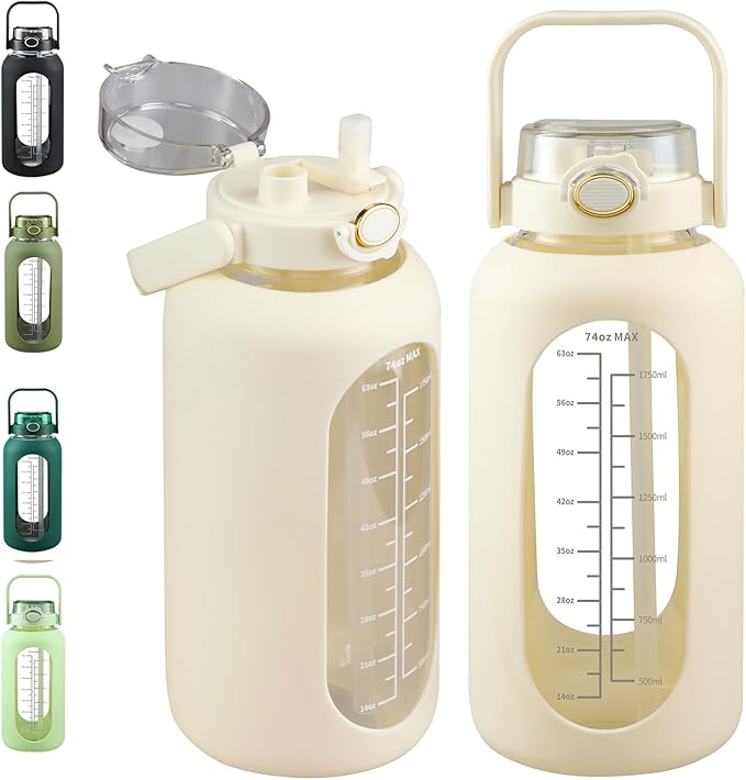 SIEROZUR 74oz Glass Water Bottle with Straw and Lid Large Gallon Water Jug with Silicone Sleeve and Handle 2.2 liter Wide Mouth Bottle with Time Marker for Gym Sports& Workout