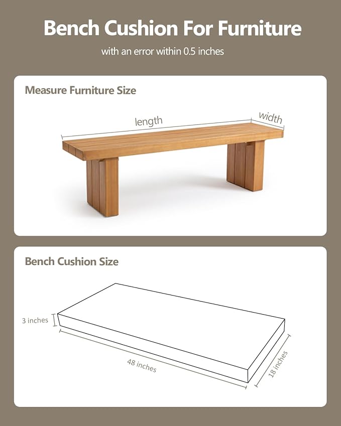 48x18x3“ Outdoor Bench Cushion, Strengthen Waterproof Seat Cushions, High-Density Bench Pad with Anti-Slip Bottom, Outdoor Cushion for Patio Garden Swing Furniture (Khaki)