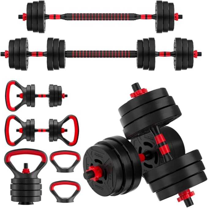 OLIXIS Adjustable Dumbbell Set, 4 IN 1 Changeable Dumbbells, Barbell, Kettlebells and Push Up Stand, Multi-Functional Exercise and Fitness for Home Gym