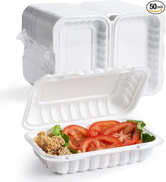 YANGRUI Food Containers 9x6 Inch 28 oz 50 Pack - Shrink Wrap Mineral-Filled BPA Free PP Plastic | Reusable Heavy Duty Freezer & Microwave Safe | Restaurant Grade White Clamshell Takeout Container