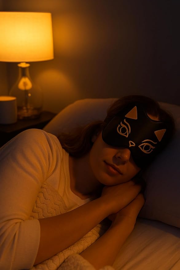 Silk Sleep Mask Blindfold Eye Mask for Sleep Cute Cat Print Embroidered Eye Cover Adjustable Oversized Egyptian Bastet with Gift Box&Pouch（Midnight Bastet-Adjustable Strap）