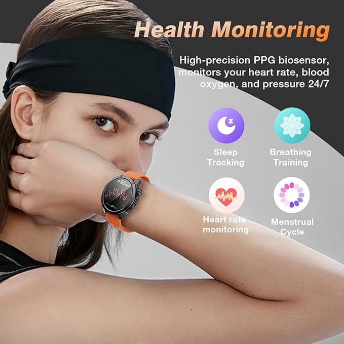 GPS Smart Watch for Men, 1.43'' AMOLED Smartwatch with Compass/Barometer/Altimeter, Heart Rate/Sleep Monitor, 30M Waterproof, 60+ Sports Fitness Tracker for Android/iOS, Gray & Orange (2 Bands)