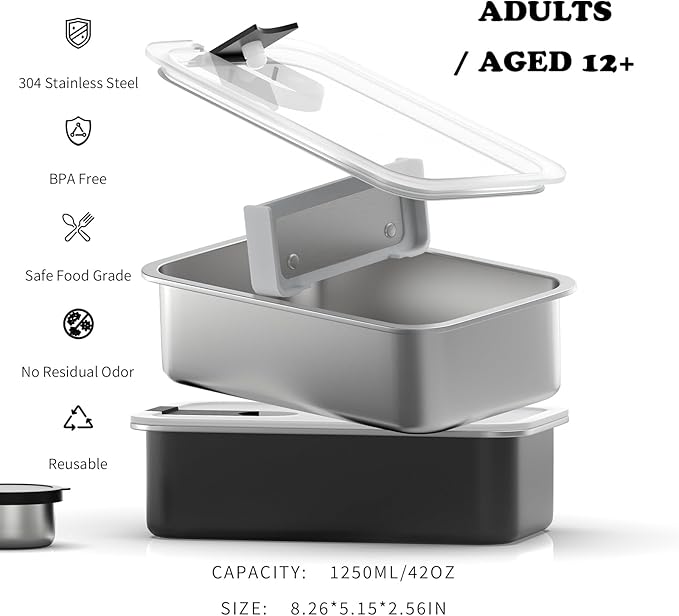 Stainless Steel Bento Lunch Box for Adult, 42oz Leak-Proof Lunch Box Containers, Microwave-Safe, with Adjustable Divider, Convenient Metal Lunchbox for Work, Travel