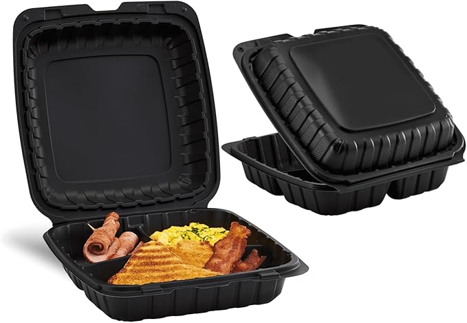KARAT EARTH Clamshell Take Out Food Containers [9"x9" - 120 ct] To Go Containers | 3 Compartment, Soak-Resistant, Durable, Stackable | Vented for Hot/Cold Foods, Black