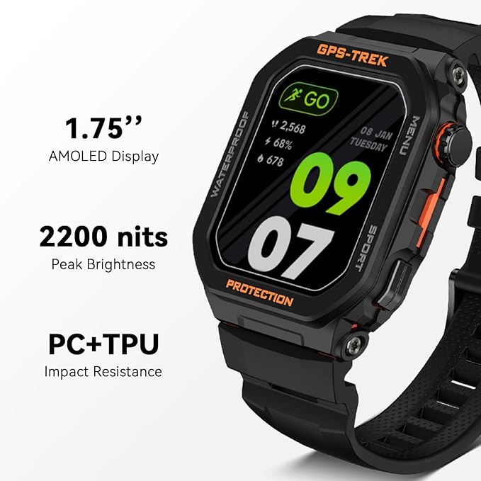 GPS Running Watch, Rugged Military Smart Watch, IP68, Long Battery Life, Multi-GNSS Support, Tracback Routing and More, Training Metrics and Recovery Insights, Answer/Make Call