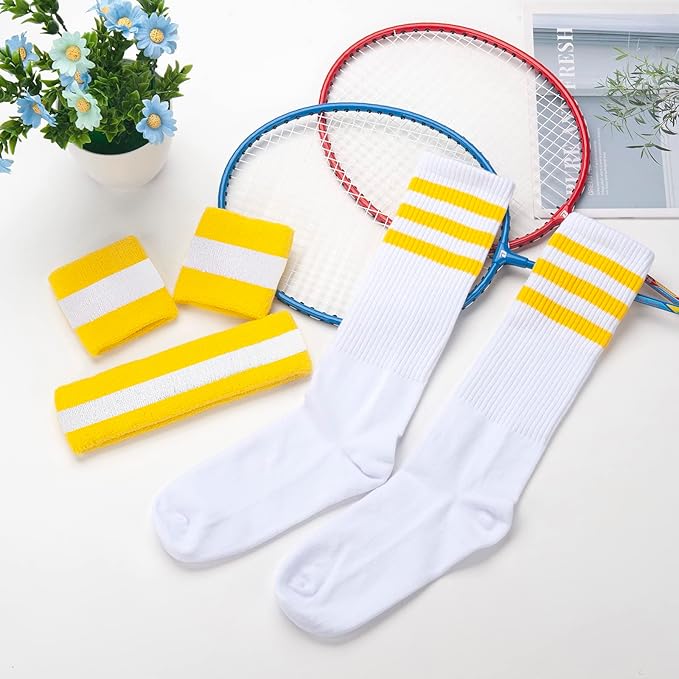 ONUPGO 5 Pieces Sweatbands Striped Socks Set Sports Headband Wristbands High Tube Socks 80s Accessories Costumes