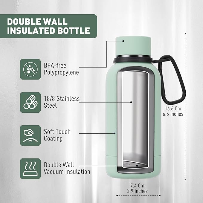 Small Water Bottle 12oz with Clip, Double Wall Stainless Steel Vacuum Small Insulated Water Bottle Keeps Drinks Cold 24 Hrs/Hot 12 Hrs for Kids Handbag School BPA Free (Mint)