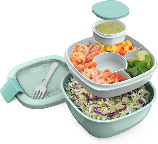 Bentgo Salad Container - 54 oz Bowl with 4-Compartment Toppings Tray, Leak-Proof Dressing Container, Reusable Fork, BPA-Free Lunch Box for Meal Prep & Food Storage; Removable Bento Tray (Coastal Aqua)