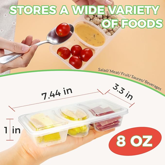 8 OZ Reusable Snack Containers with Lids, New 3 Compartment Condiment Snack Pack Containers 10 Sets