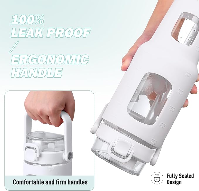 BLUEGO 40 oz Glass Water Bottles with Straw Time Marker, Glass Tumbler with Handle Top Lids, Easy to Clean, Fits in Car Cup Holder, Leakproof Jug for Gym, Sports, Workout & Daily, White