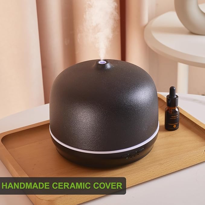Ceramic Essential Oil Diffusers for Home Large Room, Aromatherapy Scent Air Diffuser Ultrasonic Aroma Defusers 500ml with Timed—Black- C
