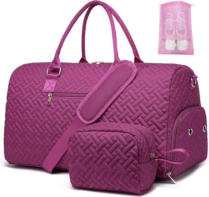 Duffle Bag for Travel, Weekender Bag with Shoe Compartment, Carry On Overnight Bag for Women with Toiletry Bag, Gym Bag with Wet Pocket, Hospital Bags for Labor and Delivery Beige