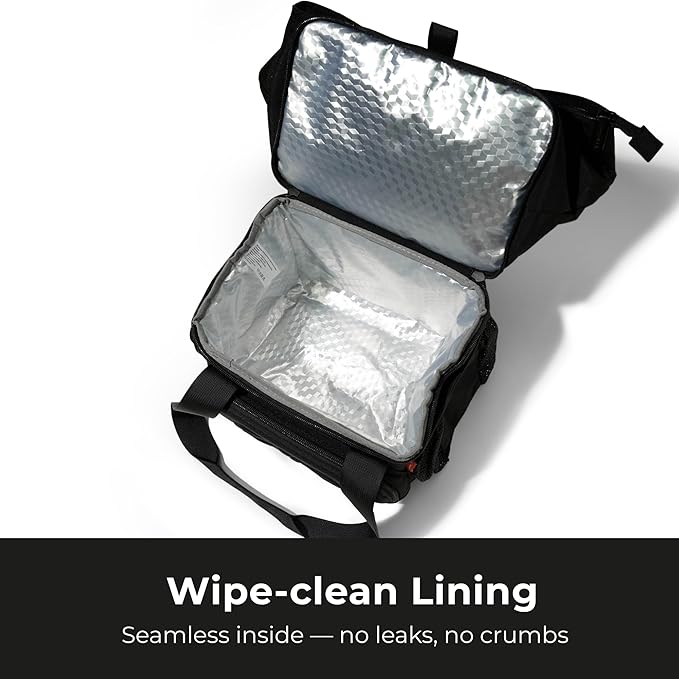 Dual Compartment Insulated Lunch bag, with 2 Leakproof Compartments & Roll-top, 13L lunchbox for work (Black)