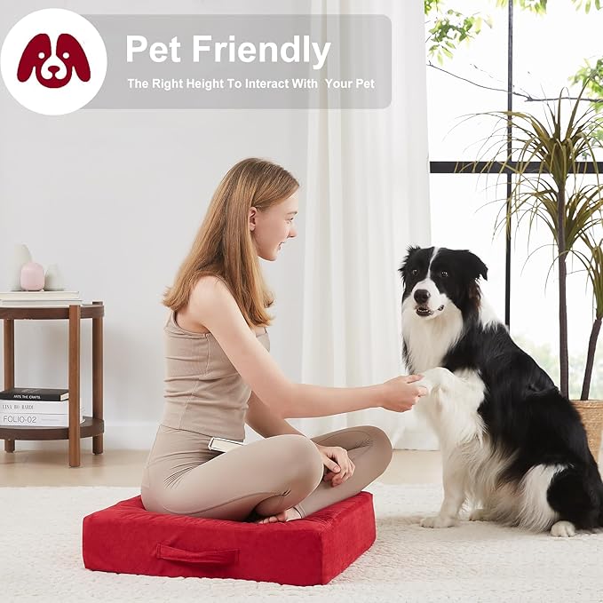 2 Pcs High Density Foam Floor Pillow - Upgraded Large Pillows Seating for Adults - Outdoor Floor Cushion with Soft Tufted Cover - Yoga Pillows for Sitting On Floor - 22 Inch Burgundy