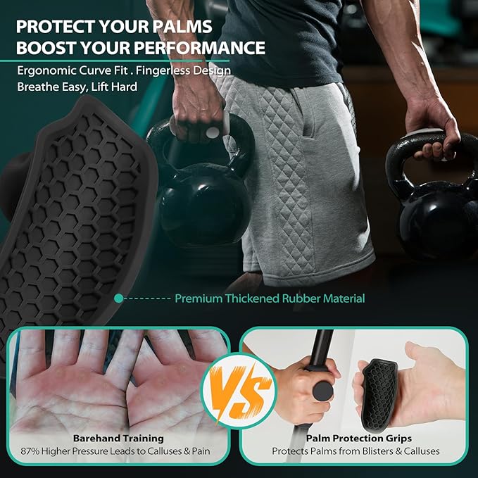 Ergonomic Rubber Gym Grips for Men & Women – Anti-Slip Fingerless Workout Gloves for Weight Lifting, Deadlifts, Pull-Ups, Rows, Barbell, Dumbbell, Palm Protectors for Gym Training