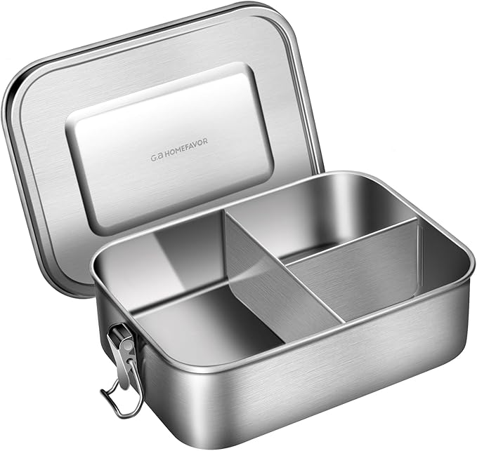G.a HOMEFAVOR Stainless Steel Bento Lunch Box, Metal Lunch Container with 3-Compartment, 1400 ml, Ideal for Work & Travel, Meal Prep, Leak Proof, Dishwasher Safe